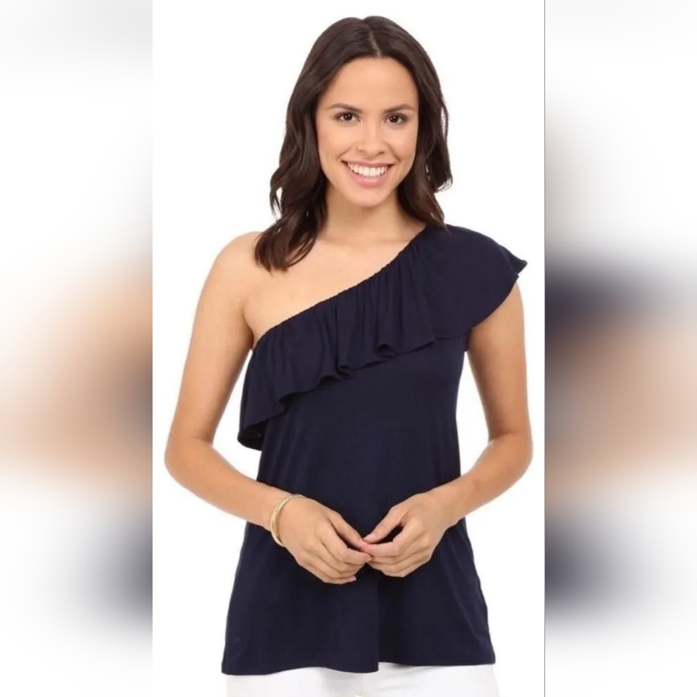 NWOT Lilly Pulitzer One Shoulder Ruffled Top Navy Size Large